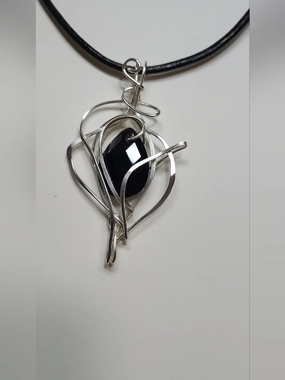 Black Onyx Wire-Wrapped Pendant Necklace with Silver Plated Copper Wire